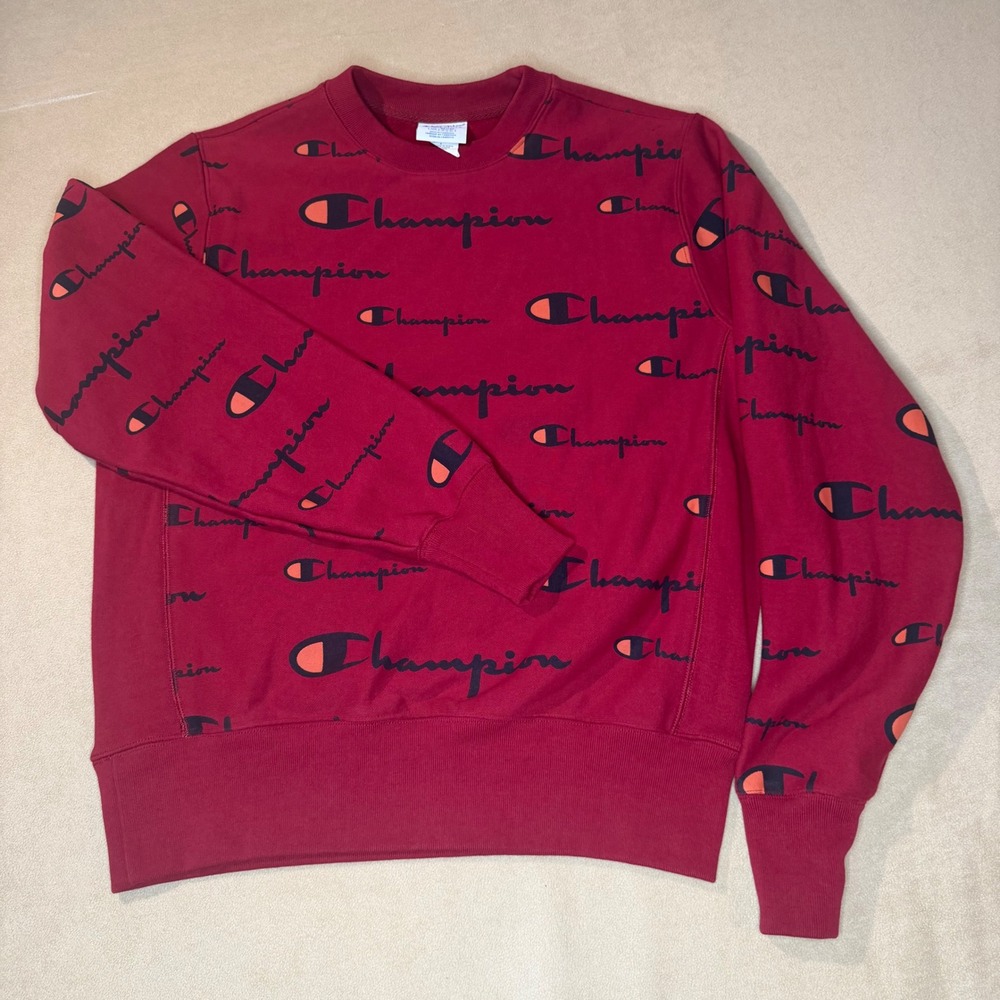 Champion Reverse Weave Sweatshirt Mens Medium Red All Over Logo Print Crewneck